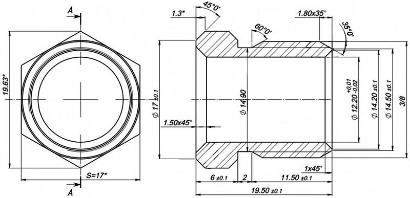 Конструктивная схема трубчатой гайки (диаметр 12мм, резьба 3/8)