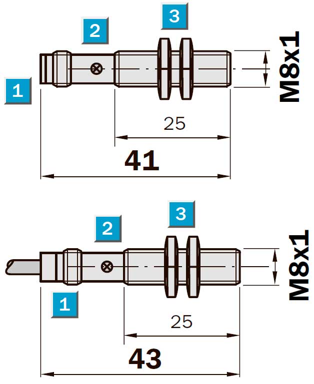 Конструктивная схема индуктивного датчика IME08 (1,5мм, укороченный, заподлицо)