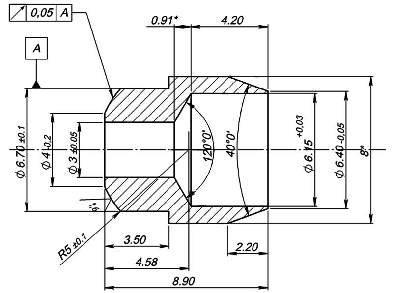 Конструктивная схема ниппеля инжектора и трубки подвода (диаметр 6мм)